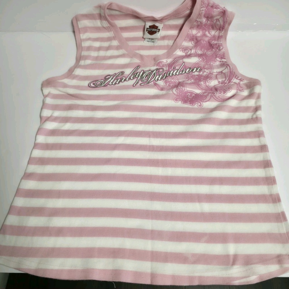 Harley Davidson Women's Pink White Striped Tank Top Graphic Sleeveless Sz Large